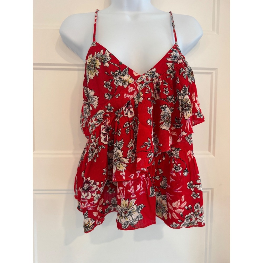 Patrons of Peace Anthropologie Red Floral Ruffle Peplum Cami Top Small - Picture 2 of 8